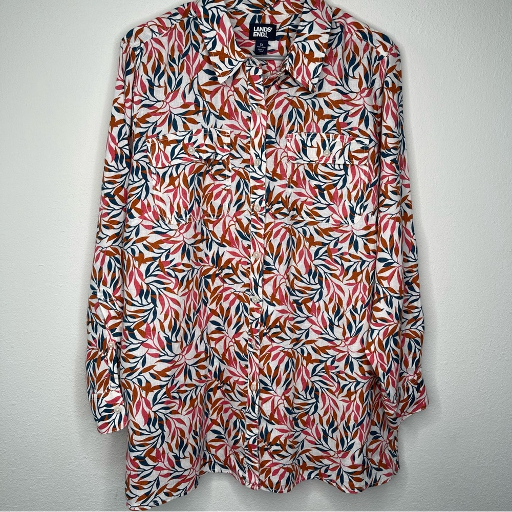 Lands' End Women Leaf Print Collared Long Sleeve Pockets Linen‎ Tunic Blouse 1X
